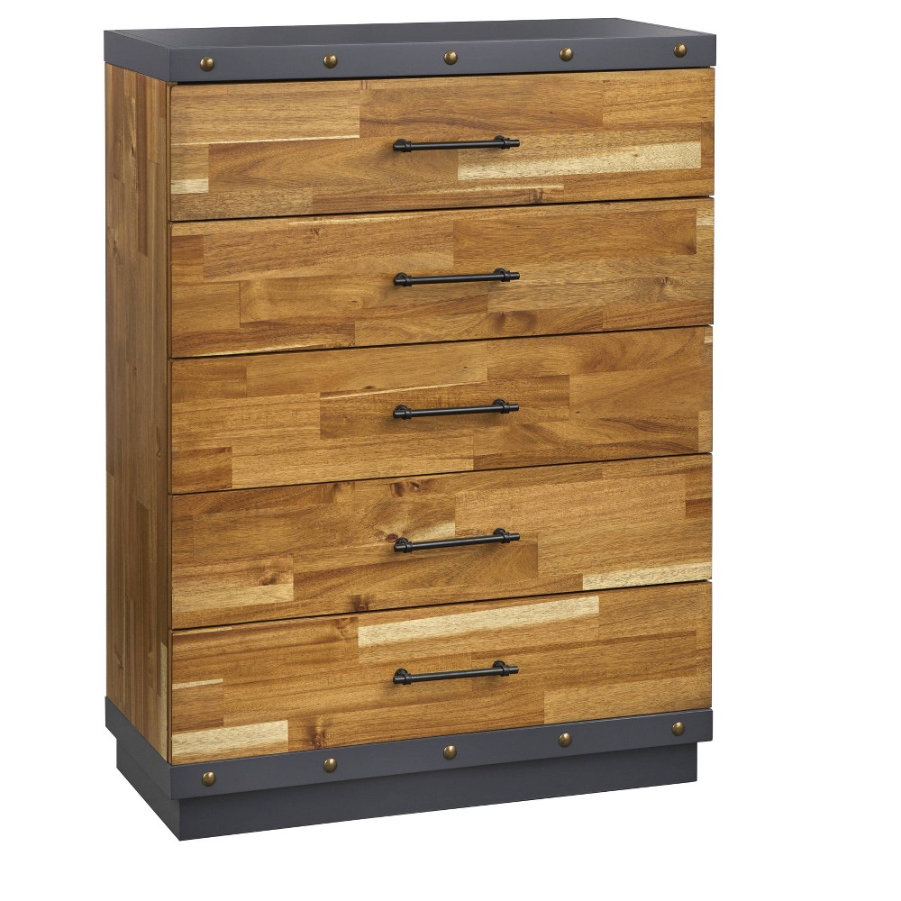 Drake 5 Drawer Chest Brown - Lifestorey: Modern Farmhouse Style, Solid Rubberwood, Acacia Veneer, 47.25&#34; Height