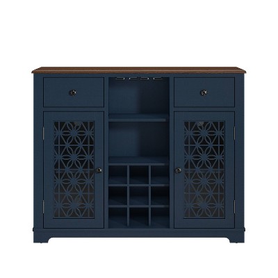 Navy Blue 47" Wine Cabinet with Glass Doors and Metal Rack