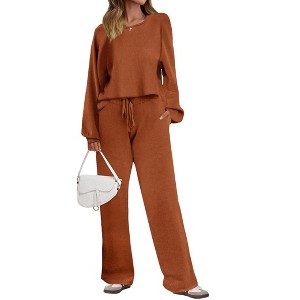 Ekouaer Knit Lounge Sets for Women 2 Piece Cozy Long Sleeve Pullover Sweater Top and Wide Leg Pants Set Pajamas Outfits - 1 of 4