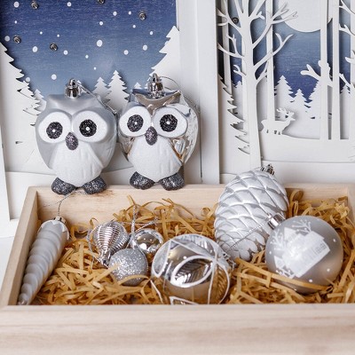 90pc Winter Woodlands Large White and Silver Ornament Set. Glittery Snow Owls, Cones, Snowflakes, and Stalactites| OrnamentallyYou
