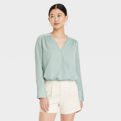 Women's Long Sleeve V-neck Wrap Blouse - A New Day™ Seafoam L : Target