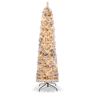Tangkula 4.5/6/7FT Pre-lit Artificial Christmas Tree Snow-flocked Pencil Xmas Tree with 100/150/210 Warm White Lights 258/373/466 Branch Tips