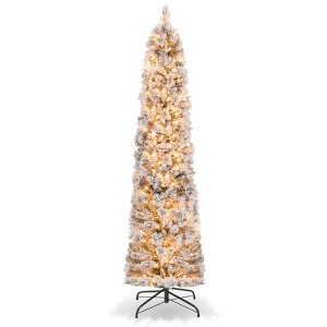Tangkula 4.5/6/7FT Pre-lit Artificial Christmas Tree Snow-flocked Pencil Xmas Tree with 100/150/210 Warm White Lights 258/373/466 Branch Tips - 1 of 4