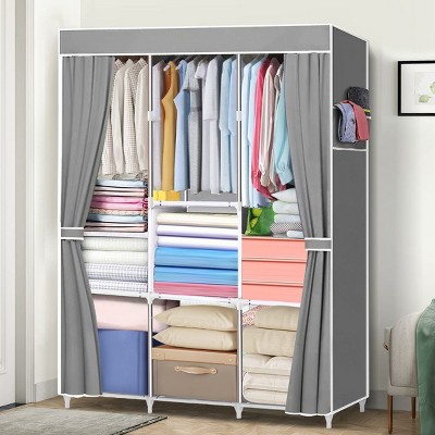 HONEIER 41"L Portable Wardrobe Closet Organizer with 3 Hanging Rods Gray with Fabric Cover