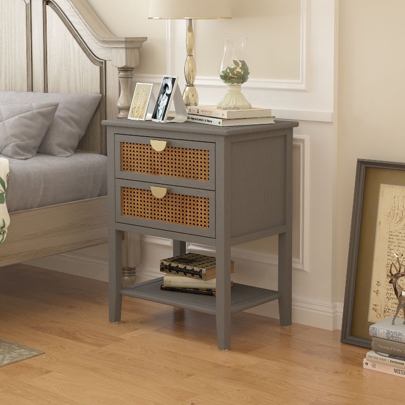 Archie 28.35"H x 15.75"D x 22.05"W Ash Wood Veneer 2 Drawer With Naturel Rattan and Pine Legs Nightstand With Storage  - The Pop Maison, 2 of 12