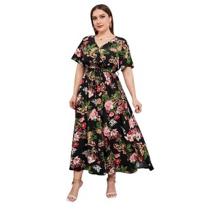 Plus Size Women's V Neck Maxi Dress Belted Waist Flowy Ankle Length Casual Elegant Party Dress - 1 of 4
