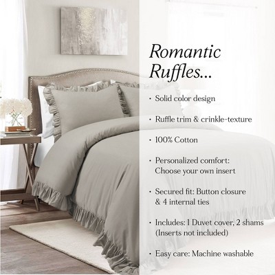 Lush Decor Full/Queen 3pc Reyna Cotton Duvet Cover Set Gray - Lush Décor: Ruffled Bedding, 450 Thread Count, OEKO-TEX Certified — фото 7