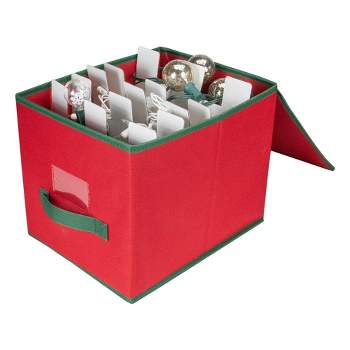 OSTO Clear Plastic Christmas Ornament Storage Box Stores Up to 128  Ornaments of 3”; 2-way zipper,Carry Handles. Tear Proof and Waterproof Red  Trim