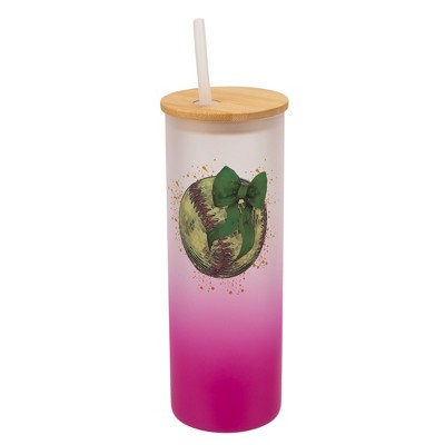 Elanze Designs 25 Ounce Frosted Glass Gradient Travel Tumbler With Straw and Wooden Lid, Softball With Green Bow Pink