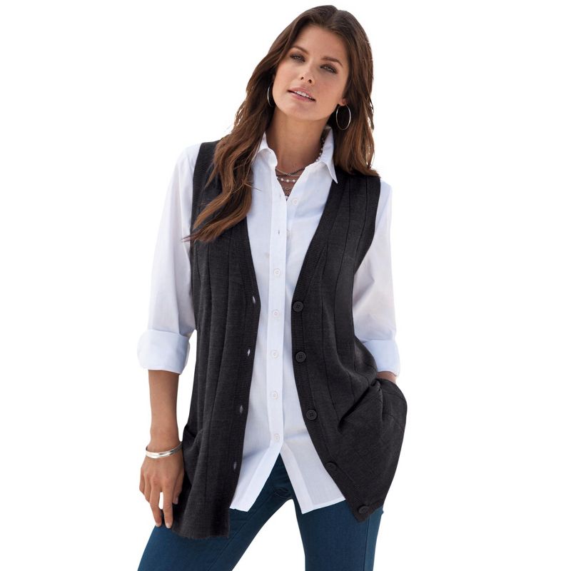 Roaman's Women's Plus Size Fine Gauge Drop Needle Sweater Vest, 1 of 2