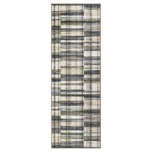 2 x 6 ft Polyester Green Brown Rectangular Hallway Entryway Bathroom Kitchen Geometric Checkered Modern Machine Washable Runner Rug - 1 of 4