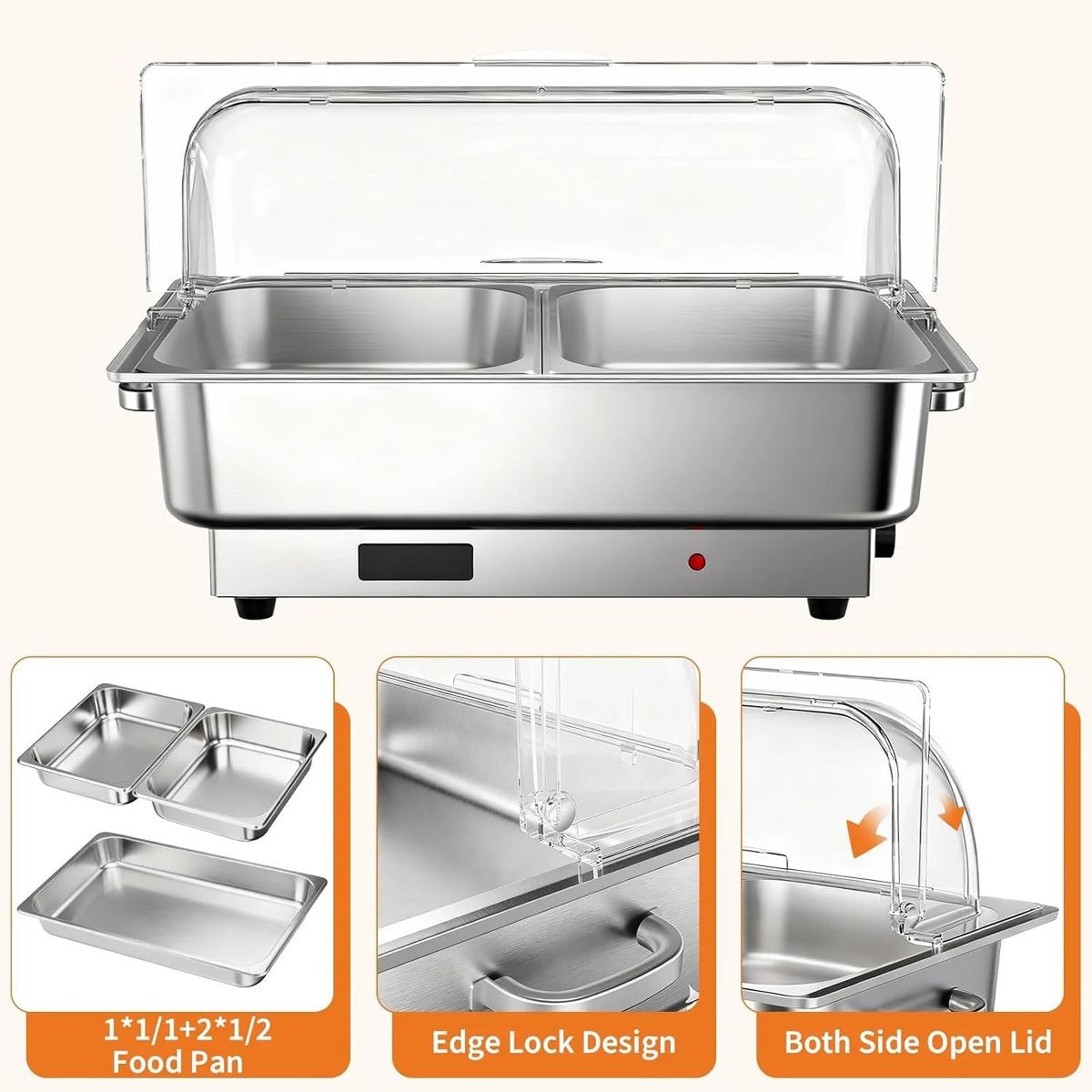 2 Pack 9QT Stainless Steel Electric Chafing Dish Buffet Set, Adjustable Temp Food Warmer with 3 Removable Pans for Party Wedding Banquet - thumbnail 6