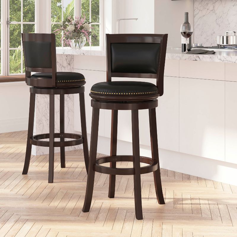 Merrick Lane 30" Panel Back Bar Height Stool with Black Faux Leather Upholstered Back & Seat, Nail Trim, and Cappuccino Wooden Frame, 3 of 13