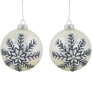 Northlight Set of 2 Shiny Pearl White Glittered Snowflake Glass Christmas Ball Ornaments 4" - 1 of 4