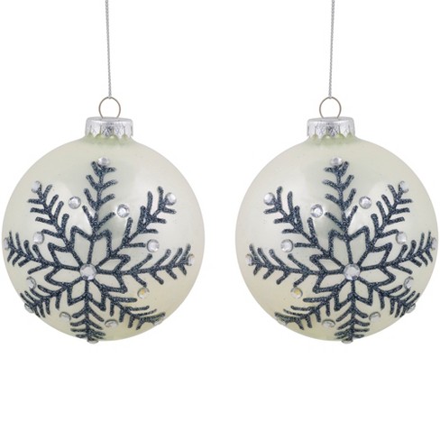 Northlight Set of 2 Shiny Pearl White Glittered Snowflake Glass Christmas Ball Ornaments 4" - image 1 of 4