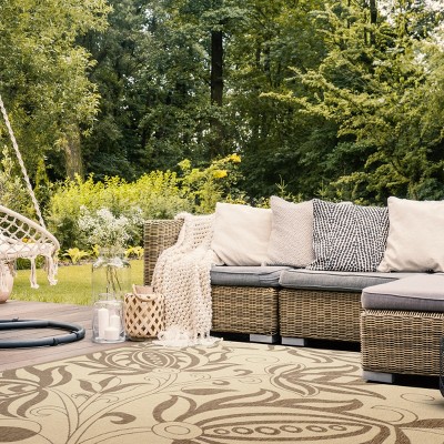 Natural Brown Floral Motif Square Outdoor Area Rug