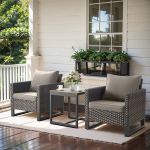 POCASSY 3PCS Patio Furniture Set with Wicker Patio Chair, All Weather Brown Wicker Rattan Outdoor Bistro Set Outdoor Club Chairs with Metal End Table - 1 of 4
