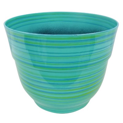 Alpine Corporation Glossy Striped Indoor Outdoor Planter with Drainage Hole Turquoise 13"x13"x11": Polypropylene, Freestanding