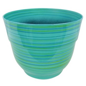 Alpine Corporation Glossy Striped Indoor Outdoor Planter with Drainage Hole Turquoise 13"x13"x11": Polypropylene, Freestanding - 1 of 3