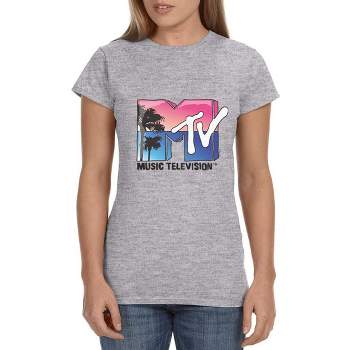 MTV Womens' Music Television Beach Classic Icon '80s Crewneck T-Shirt Grey