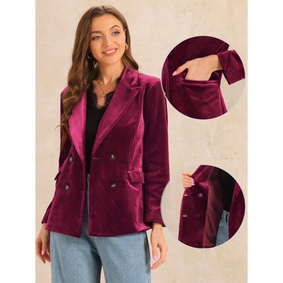 Allegra K Women's Notched Lapel Button Front Long Sleeve Double Breasted Velvet Blazer Dark Red X-Small — фото 3
