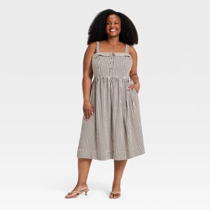 Women's Plus Wide Strap Sleeveless Scoop Tie-Front Midi A-Line Dress - Ava  & Viv Cream/Black Striped 2X : Target