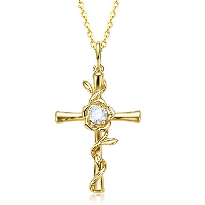Molenia Birthstone Cross Necklace for Women, Gold Plated Rose Flower Pendant 925 Silver Faith Christian Religious Jewelry Baptism Gift Christmas