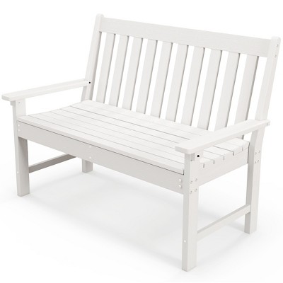 Tangkula 2-Person Outdoor Garden Park Bench All-Weather HDPE Patio Loveseat Chair with Cozy Backrest Ergonomic Loveseat Bench White
