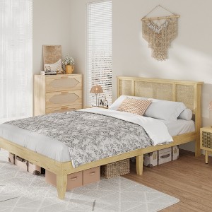 Bed Frame with Natural Rattan Headboard, Strong Wooden Slats, No Box Spring Required, Wood Platform Beds, Noise Free, No Box Spring Needed - 1 of 4
