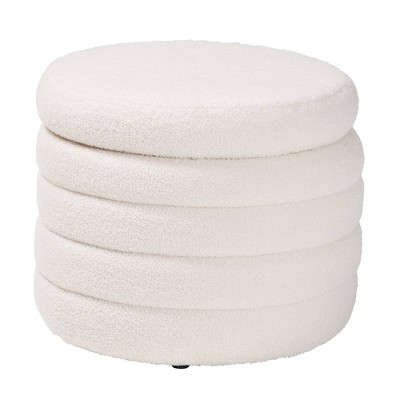 Ivory Boucle Round Storage Ottoman with Tufted Design