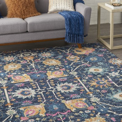 Navy Bliss Floral Synthetic 8' x 10' Handmade Reversible Rug