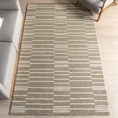Handmade Taupe and White Wool Striped 4' x 6' Area Rug