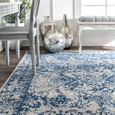 Light Blue Floral Reversible Square Synthetic Area Rug, 6'