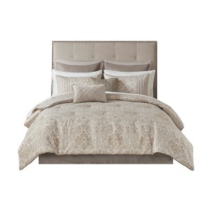 Gulches Khaki Gold Damask Queen/King/Cal King Bedding Sets - 12 Piece Jacquard Collection - 1 of 4