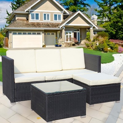FIONECA 5-Piece Outdoor Patio Furniture Set, PE Rattan Wicker Sofa Set with Beige Cushions & Coffee Table for Garden/Backyard