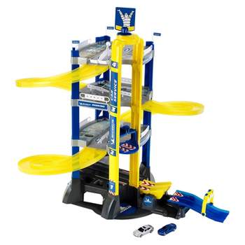 Theo Klein 3409 Parking Garage Tower Interactive Toy with 4 Levels, Double Tracks, and 2 Cars for Ages 3 and Up, Yellow and Blue