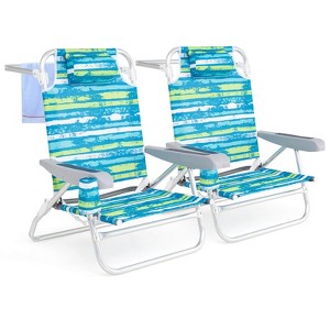 Costway 2 Pack Folding Beach Chair Lightweight Lay Flat Lounge Chair with Head Pillow Blue/Green - 1 of 4