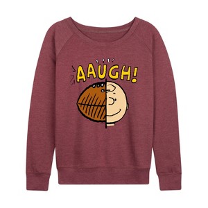 Women's - Peanuts - C Brown Half Football Head Lightweight French Terry Wide Neck Long Sleeve Shirt - 1 of 4