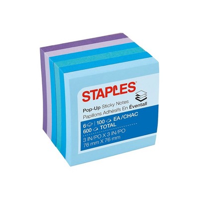 Staples Stickies Pop-Up Notes Assorted Watercolors 3" x 3" 6 Pads/PK 565771