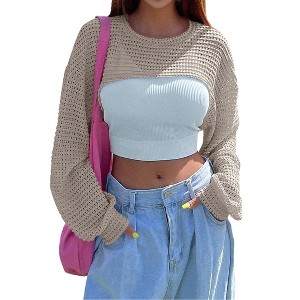 Coolmee Women's Crochet Crop Sweater Long Sleeve Crewneck Fairy Grunge Knit Sweater Tops - 1 of 4