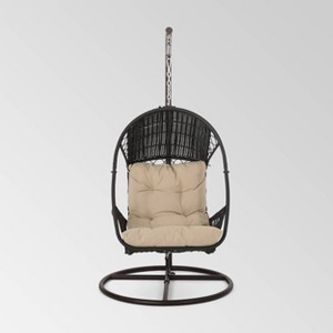 Malia Outdoor Wicker Hanging Chair with Stand Brown/Tan - Christopher Knight Home: Patio Swing, Weather-Resistant - 1 of 4