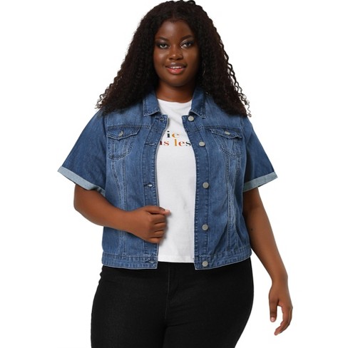 Agnes Orinda Women's Plus Size Denim Button Front Crop Short Sleeve Trucker  Jean Jackets Blue 5X