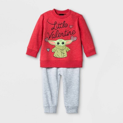 Baby Boys' 2pk Star Wars Baby Yoda 'Little Valentine' Fleece Long Sleeve Top and Bottom Set - Red 0-3M