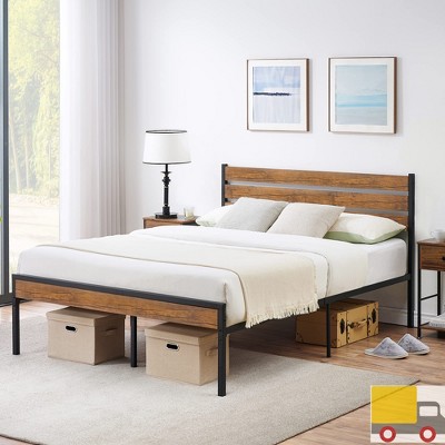 Garvee Bed Frame with Wood Headboard and Footboard, Metal Platform with Steel Slats, No Box Spring Needed, Under Bed Storage, Modern Farmhouse Style