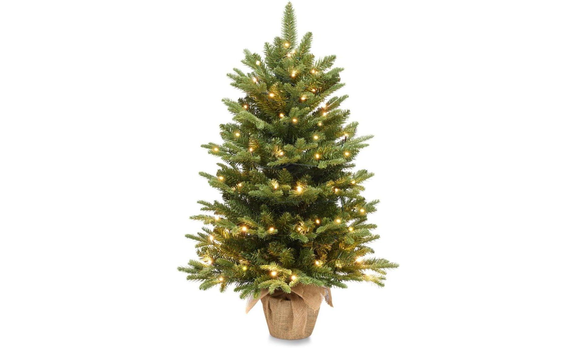 BATHWA 3ft Pre-Lit Nordic Spruce Mini Christmas Tree, 80 LED Lights, 236 Tips, Solid Burlap Base, Small Artificial Xmas Tree for Tabletop Home Office