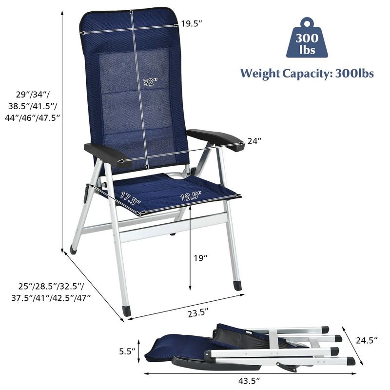Costway 2/4PCS Patio Dining Chair Aluminum Camping Adjust Portable Headrest Navy, 2 of 11