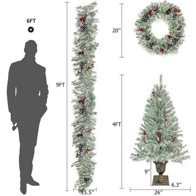 VisioGear Craft Activity Kits Pre-lit Xmas Artificial Christmas 4-Piece Set,Garland, Wreath and Set of 2 Entrance X-mas, White, 12.99"*11.93"*20.50"