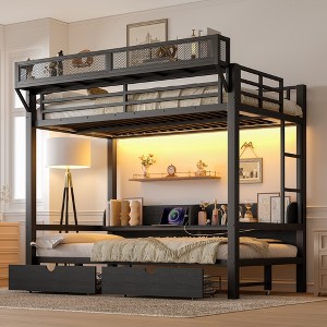 Bellemave Twin XL over Twin XL Metal Bunk Bed with Storage Drawers, Shelves, USB Ports & LED Lights, Convertible Lower Sofa Bed, Black - 1 of 4