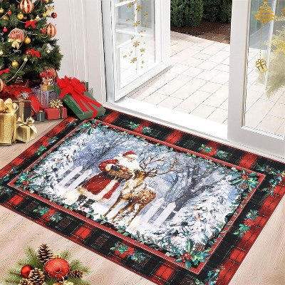 Fulvari Indoor Christmas Rug Kitchen Bathroom Rugs for Entryway,Washable Non-Slip Christmas Tree Santa Claus Area Rug,Winter Holiday Decor