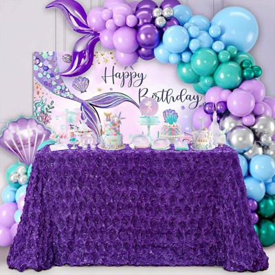 Wikineon Purple Rose Birthday Tablecloth 60x102 Inch Satin 3D Floralr Romantic Party Table Fabeic for Wedding Tablecloths Rectangle Table Decoration